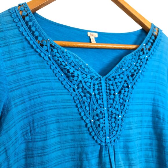 Reba Blue Crochet Lace Tunic Top Women’s Small V-Neck 3/4 Sleeve Boho - Picture 2 of 11